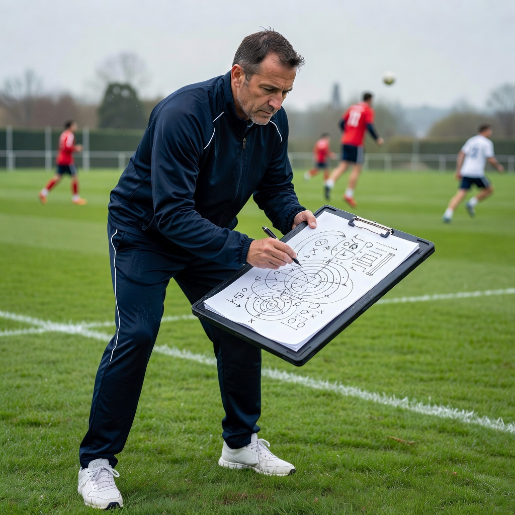 A coach writing training notes on a clipboard at the side of a pitch