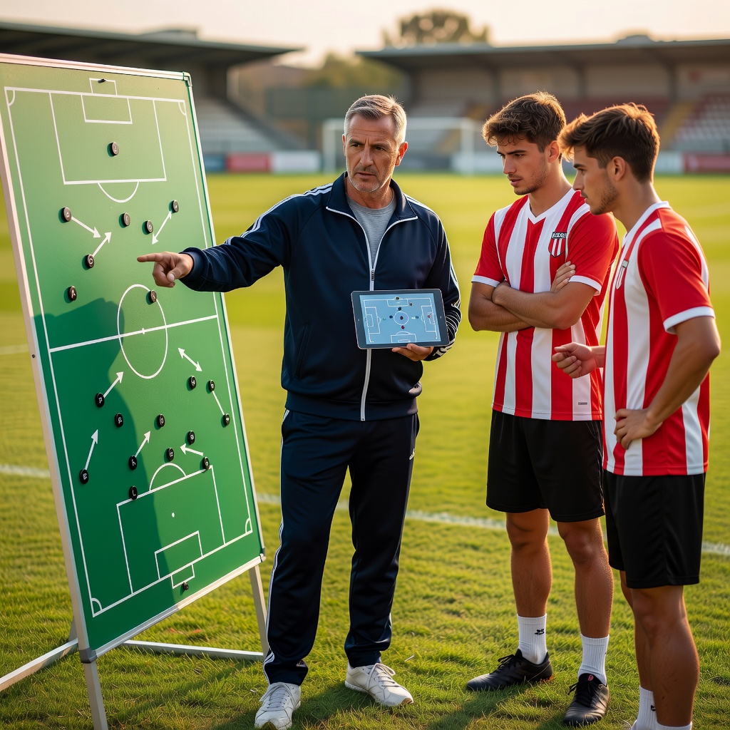 A coach pointing at a tactics board while two players study the positions