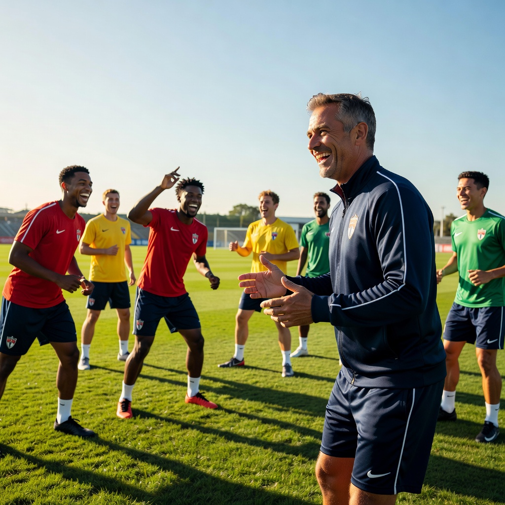 A smiling coach joking with players during a warm-up on a sunny pitch