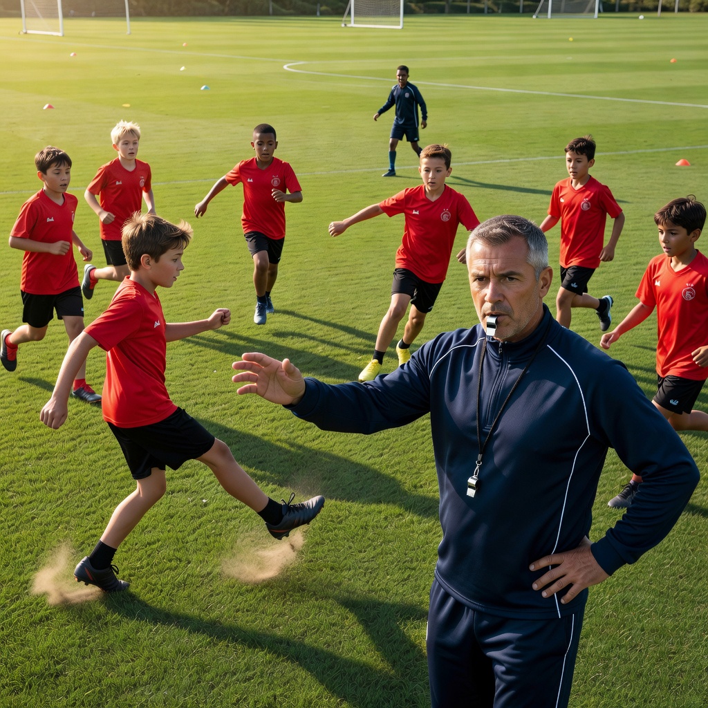 A coach with a whistle demonstrating a passing pattern to young players on a sunny training field