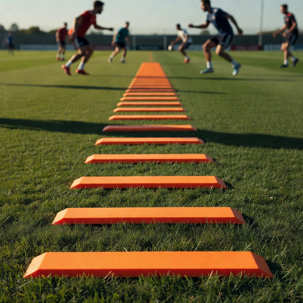 A row of flat training markers set high up the pitch to mark a defensive line