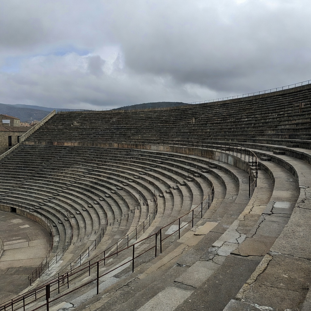 Steep terraces of a traditional football stadium under a cloudy northern Spanish sky