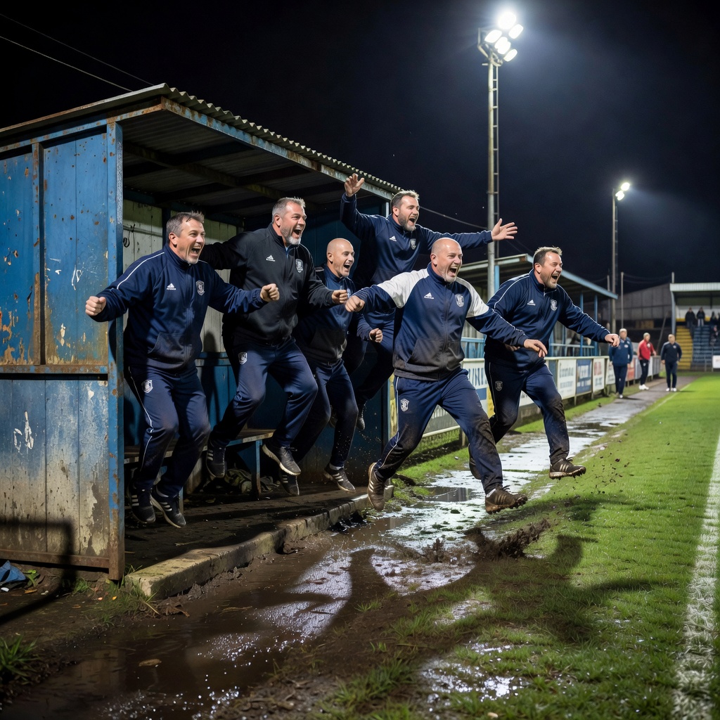 Coaching staff leaping out of a small dugout to celebrate a late goal