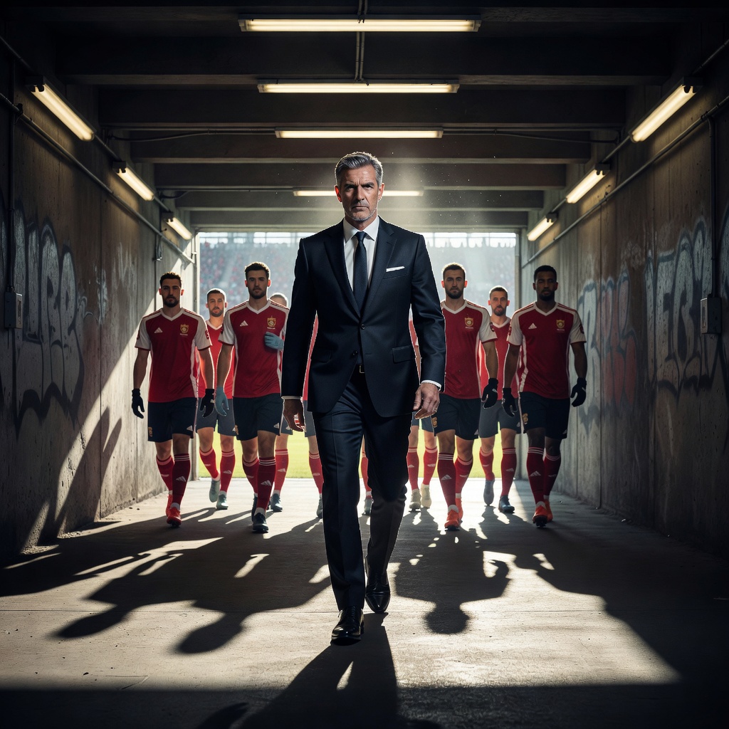 A manager in a suit walking out of a stadium tunnel ahead of his players