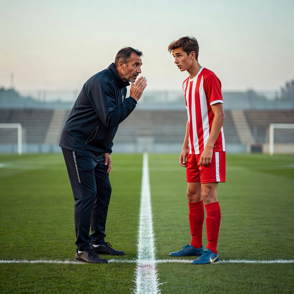 A manager speaking quietly to a teenage forward beside the halfway line