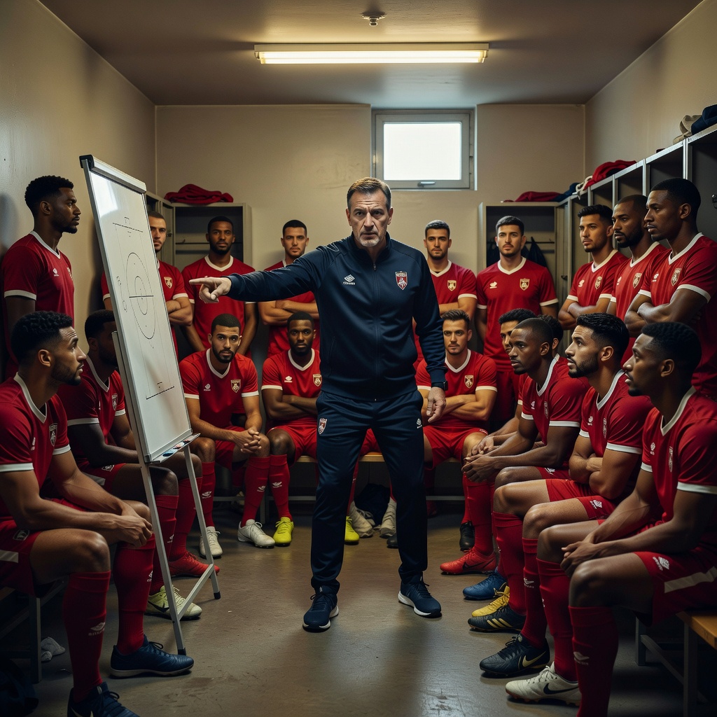A coach briefing a national team squad in a dressing room before a match