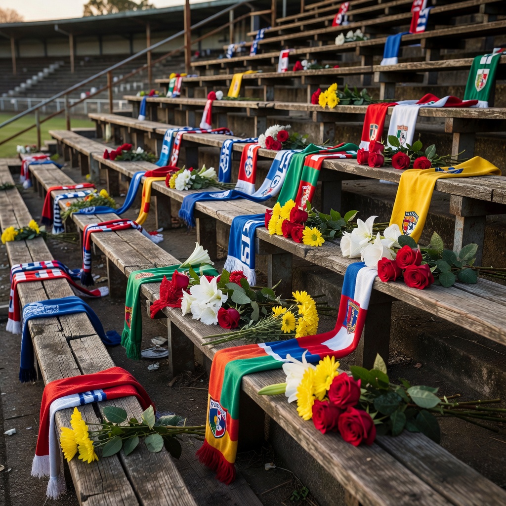 An old wooden stadium stand with flowers and scarves laid in remembrance