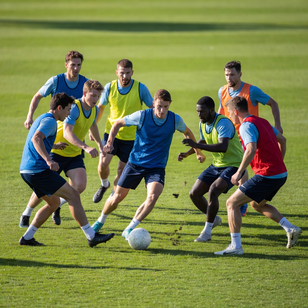 Players in coloured bibs closing down a ball carrier during a pressing drill