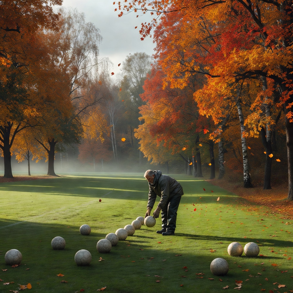 A quiet training ground lined with autumn trees and a coach setting out balls