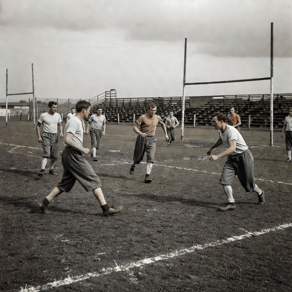 A black and white view of an old football pitch with players in long shorts