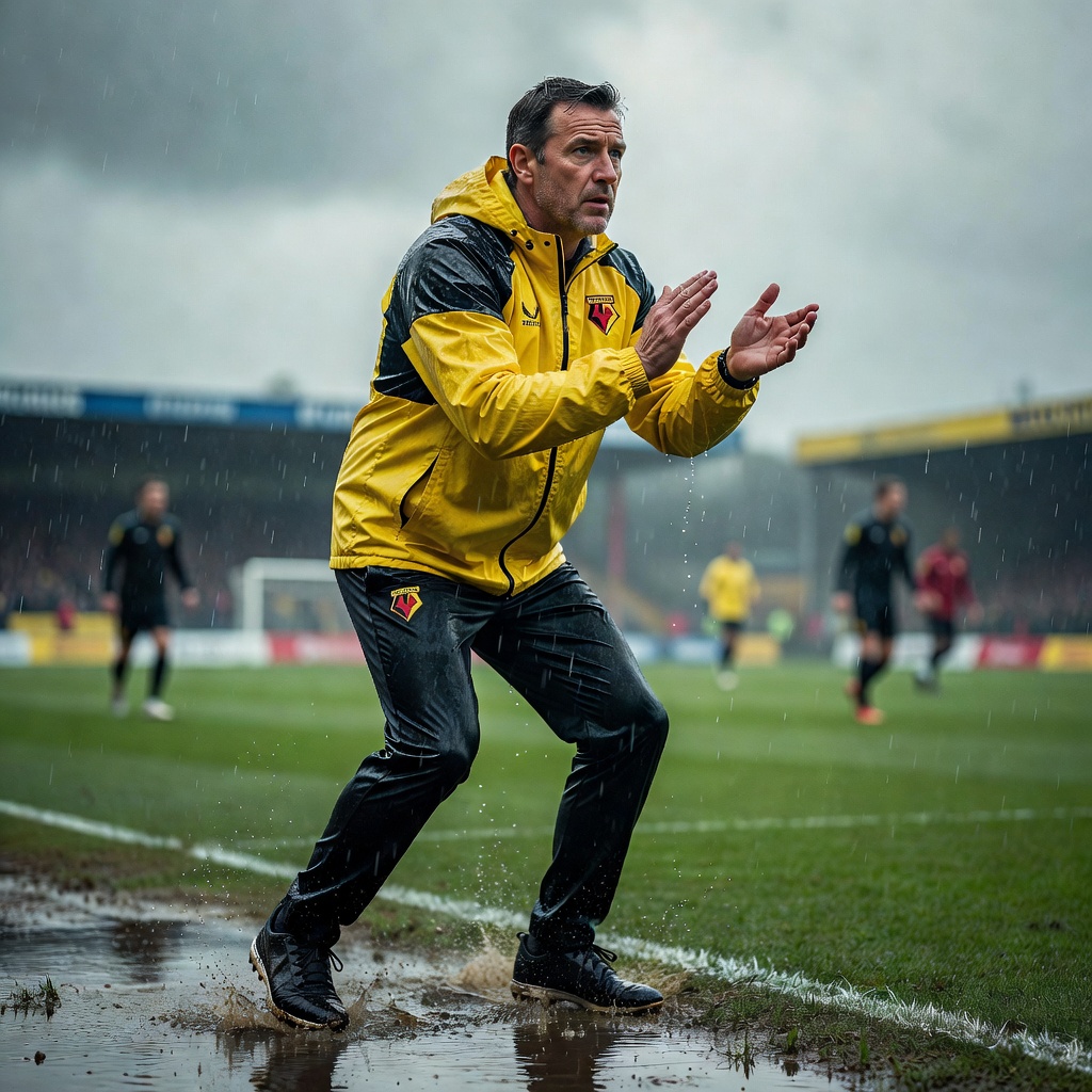 A manager in a club rain jacket clapping his players from the touchline on a wet afternoon
