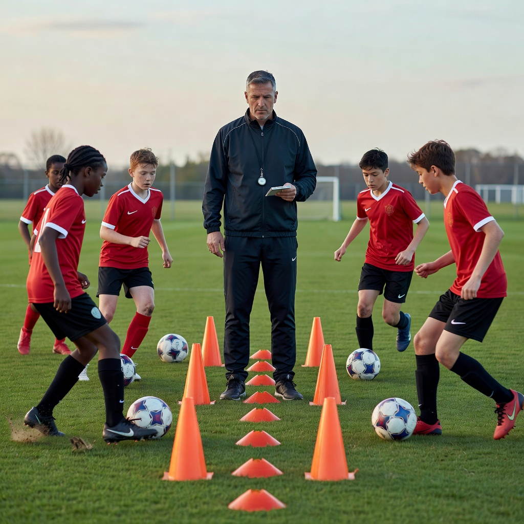A youth coach watching teenagers dribble through training cones on an academy pitch